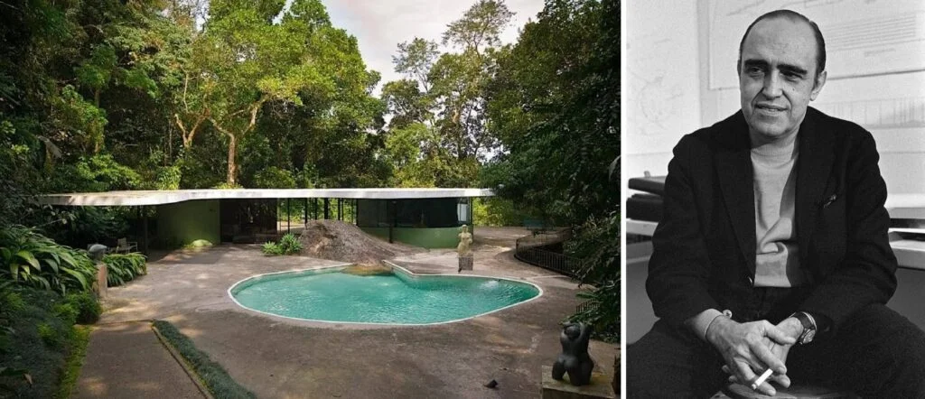 The Das Canoas House buit in 1951 by Oscar Niemeyer for himself next to a portrait of Oscar Niemeyer